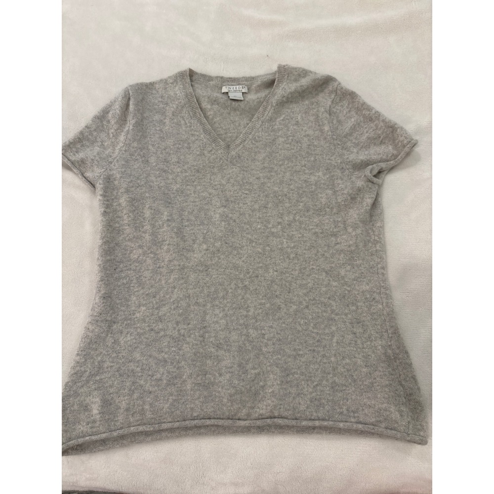 Tweeds 100% Cashmere V-Neck Short Sleeve Sweater Heather Gray XL Womens